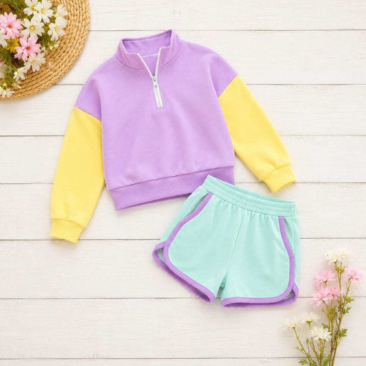 Preorder (moq 5)Baby Girls Yellow Lavender Zip Pullovers Aqua Pockets Shorts Clothes Sets