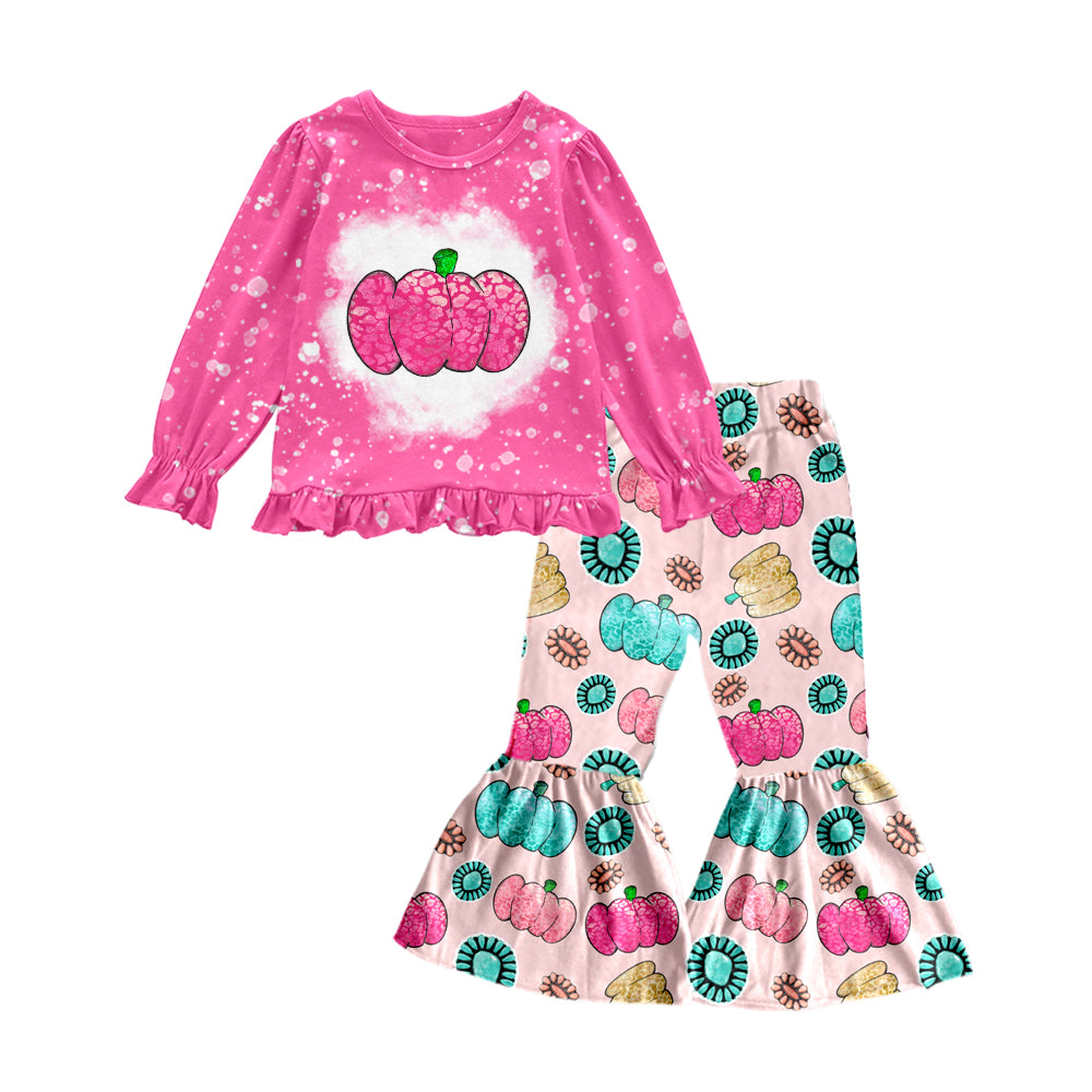 Baby Girls Pink Western Pumpkin Shirt Bell Pants Clothes Sets Preorder(moq 5)