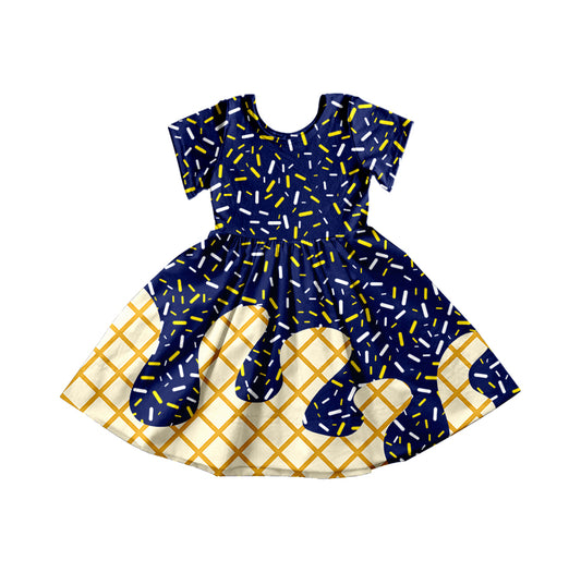 Preorder moq 5 Baby Girls Navy Ice Cream Drips Sprinkles Knee Length Dresses