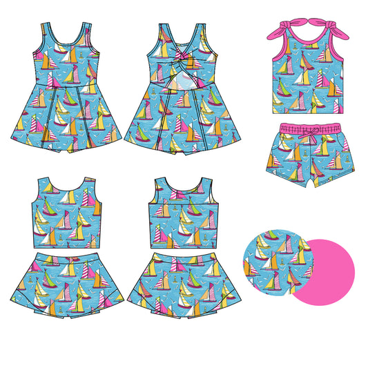 Preorder moq 5 Custom Baby Girls Blue Sleeveless Colorful Boats Top Skort Set Knee Length Dress Pockets Short Set