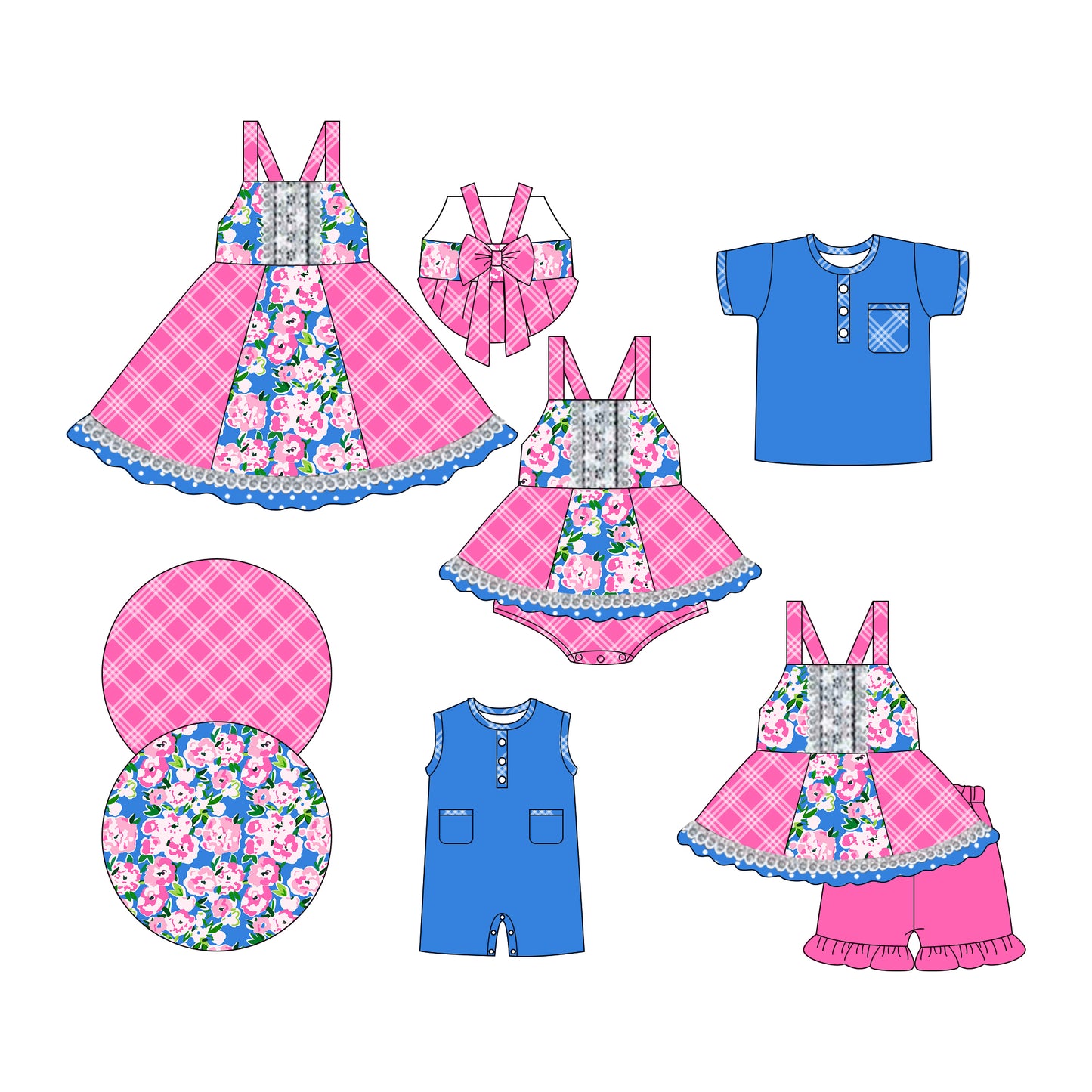 Preorder moq 5 Custom Baby Kids Strap Floral Plaid Tunic Ruffle Short Set Button Pocket Polo Shirts Rompers Knee Length Dress And Bummies Set