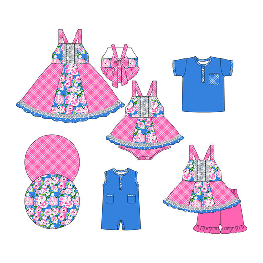 Preorder moq 5 Custom Baby Kids Strap Floral Plaid Tunic Ruffle Short Set Button Pocket Polo Shirts Rompers Knee Length Dress And Bummies Set