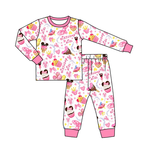 Baby Girls Pink Birthday Cake Cartoon Top Pants Pajamas Clothes Sets Preorder(moq 5)