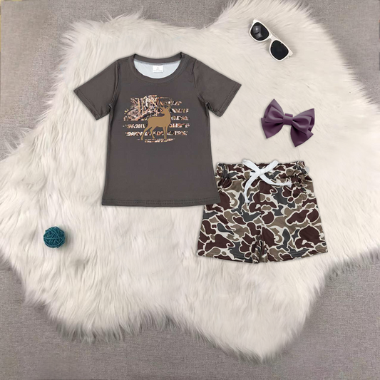 Baby Boys Dark Brown Leaves Deer Top Green Camo Pockets Shorts Western Hunting Sets