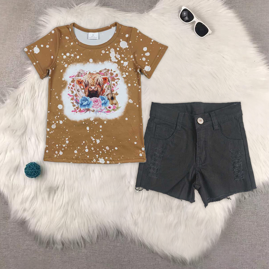 Baby Girls Short Sleeves Highland Cows Flowers Top Black Pockets Denim Shorts Sets