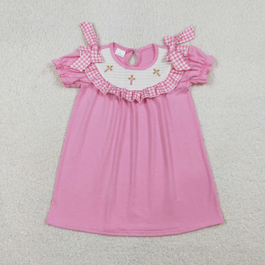 Smocked Crosses Baby Girls Short Ruffle Sleeve Easter Knee Length Dresses
