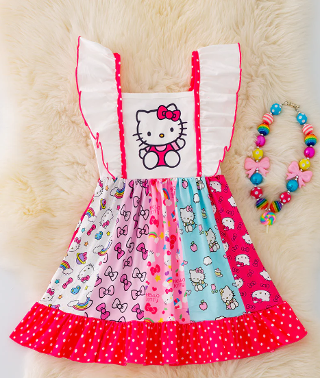 Baby Girls Pink Cats Ruffle Knee Length Dresses Preorder(moq 5)