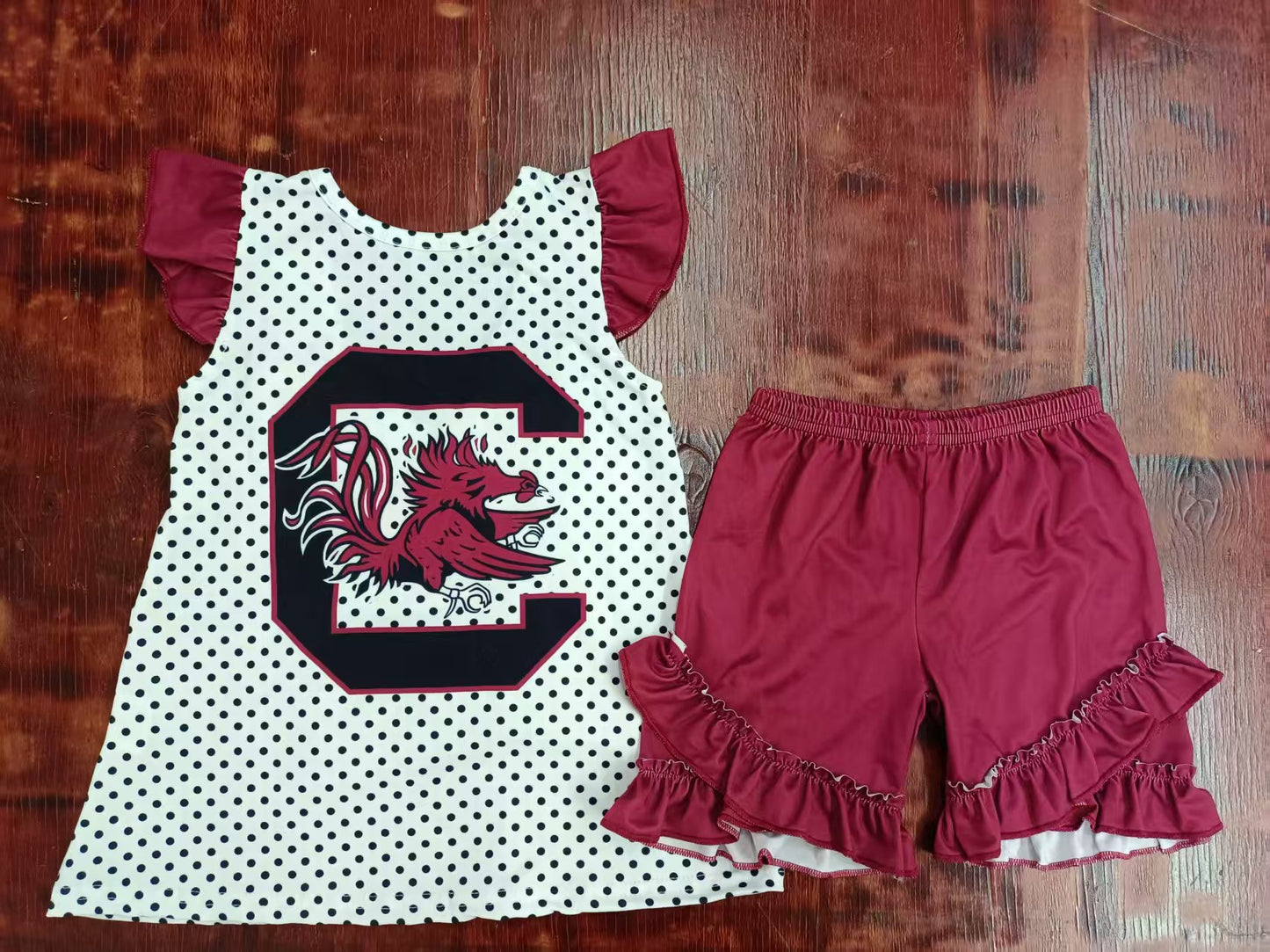 Preorder moq 5 Baby Girls Dark Red Flutter Sleeves C Polka Dots Tunic Ruffle Shorts Set