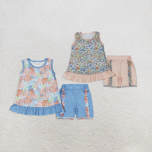 Sibling Baby Girls Sleeveless Floral Tunic Top Ruffle Shorts Clothes Sets