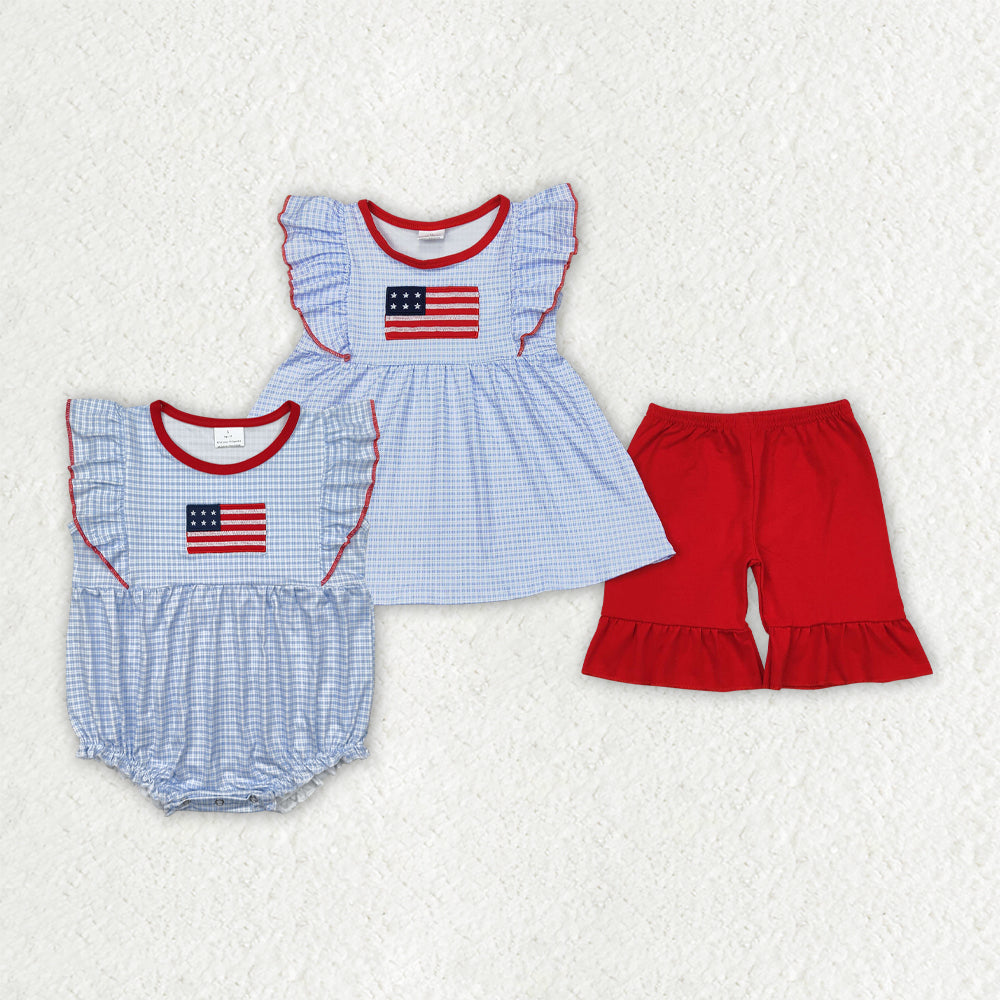 Sibling Embroidery Flag Baby Girls Blue Checkered Tunic Ruffle Shorts Clothes Sets Rompers