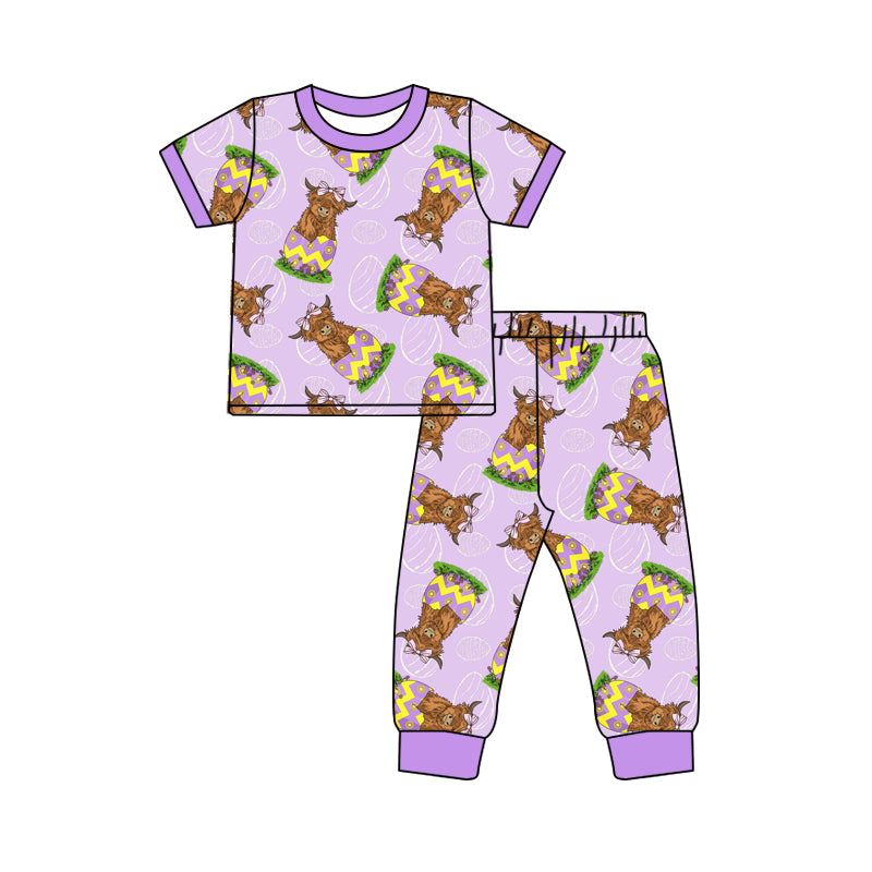 Girls Baby Kids Easter Purple Highland Cow Top Pants Pajamas Clothing Sets preorder(MOQ 5)