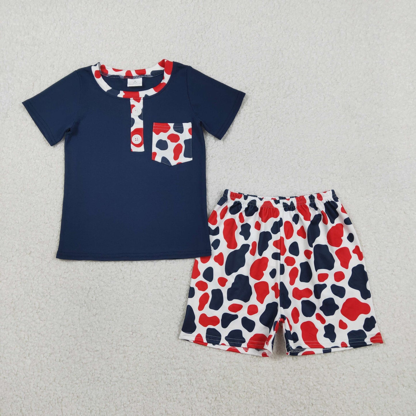Baby Boys Red Blue Cow Print Pocket Button Top Shorts 4th of July Clothes Sets