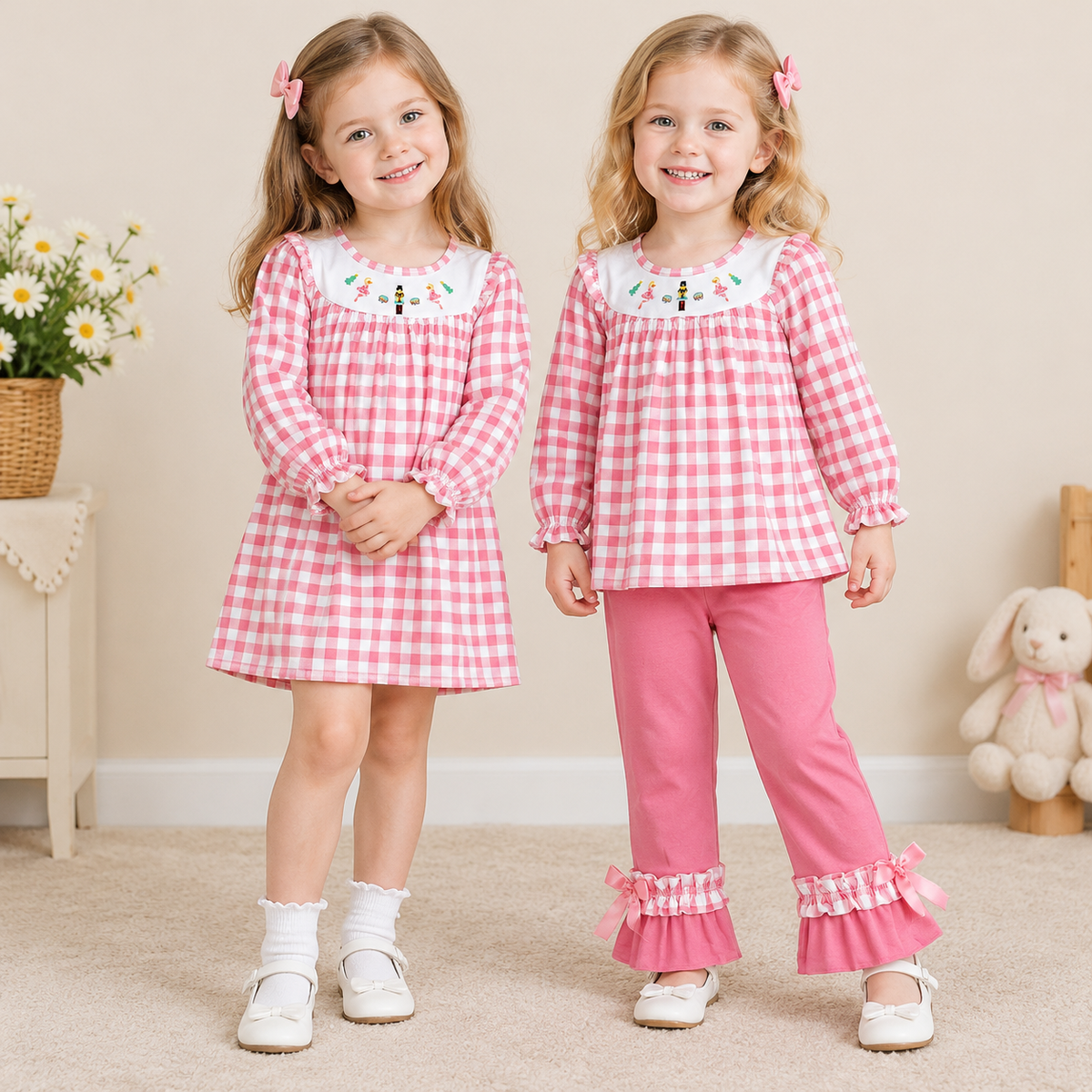 Sibling Baby Girls Embroidery Soldiers Trees Tunic Ruffle Pants Clothes Set Dresses