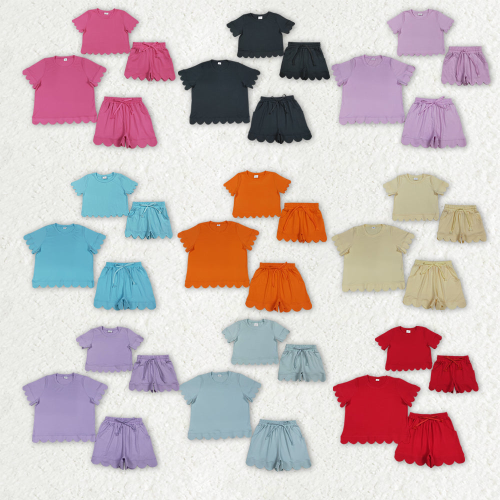 Mama and Me Girls Short Sleeve Shirt Top Pockets Short Scallop Clothes Sets