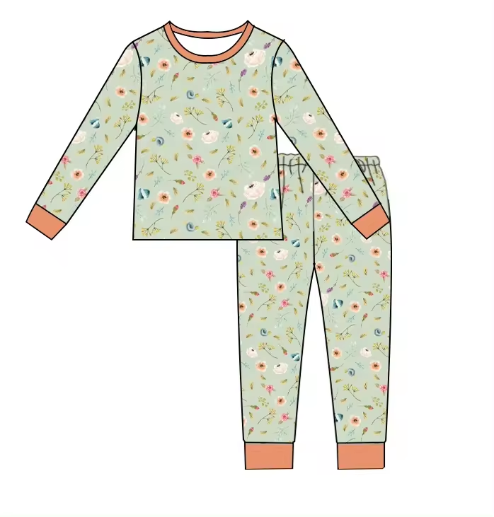 Baby Girls Green Small Flowers Long Sleeve Shirt Pants Pajamas Clothes Sets Preorder(moq 5)