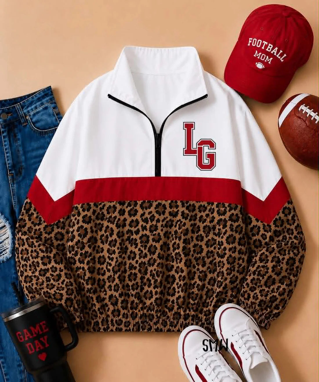 Preorder (moq 5)Baby Boys Long Sleeve White Red Leopard LG Team Zip Pullovers Tops