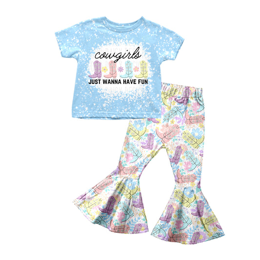 Baby Girls Cowgirls Boots Tee Shirts Tops Bell Pants Clothes Sets preorder(moq 5)