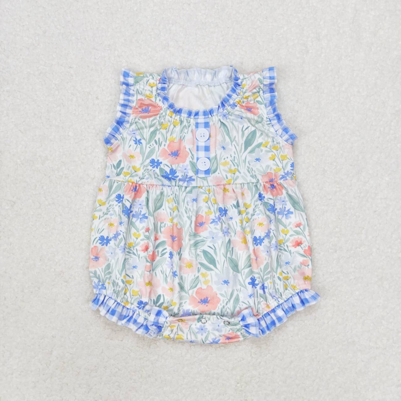 Baby Girls Blue Flowers Checkered Sibling Rompers Dresses Clothes Sets