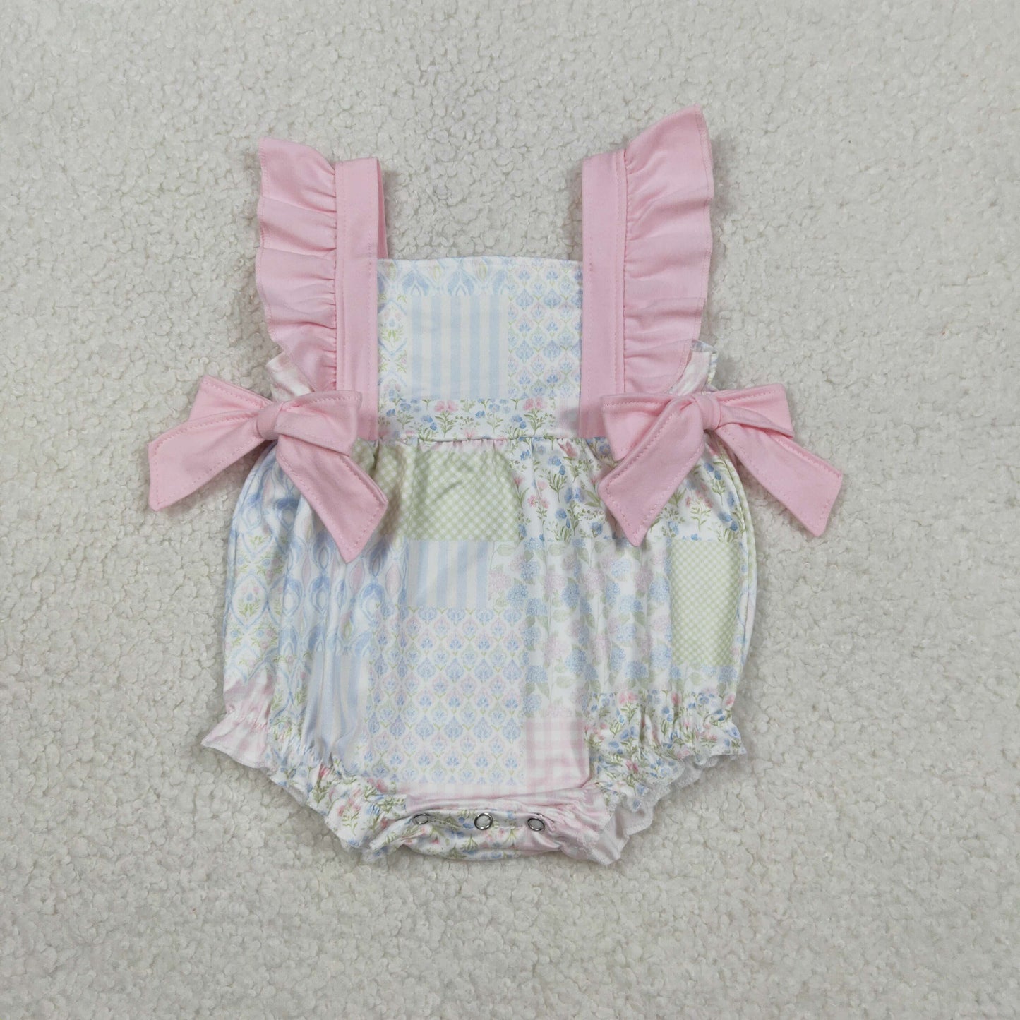 Baby Girls Pink Flutter Sleeve Bows Flowers Checked Ruffle Rompers