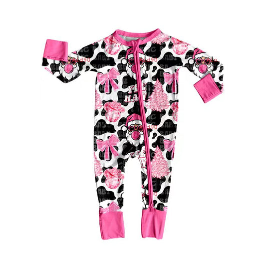 Preorder (moq 20)Baby Girls Bamboo Cow Print Santa Christmas Zippy Footie Rompers