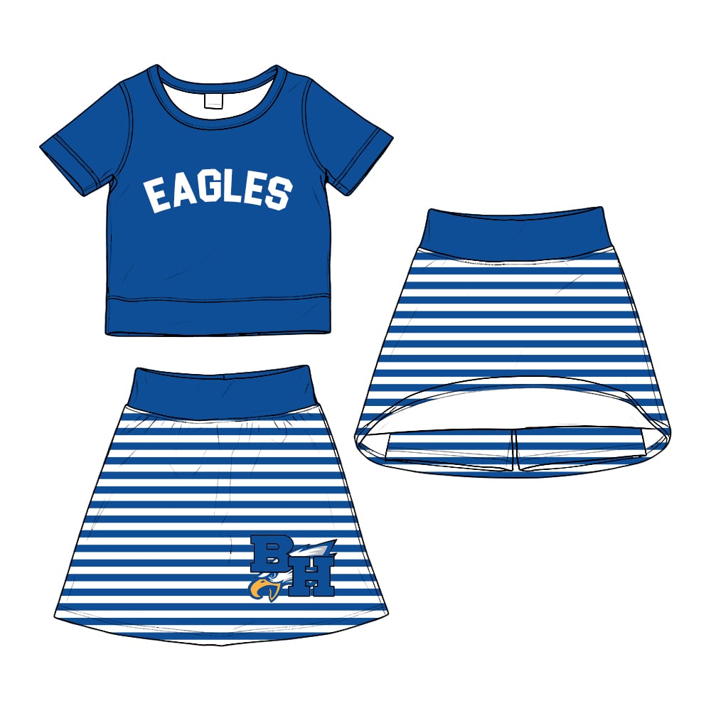 Preorder (moq 5)Baby Girls Yoga Blue Eagles Short Sleeve Top Skirts Clothes Sets