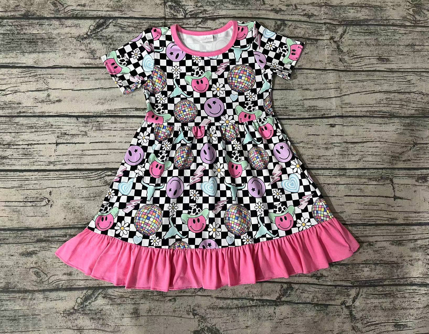 Baby Girls Disco Cow Skull Western Ruffle Knee Length Dresses