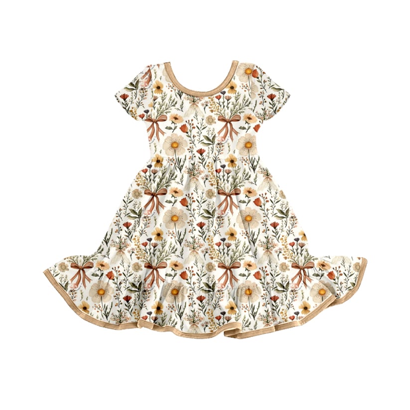 Preorder (moq 5)Baby Girls Flowers Bows Short Sleeve Twirl Knee Length Dresses