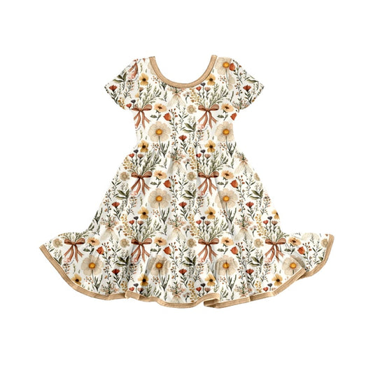 Preorder (moq 5)Baby Girls Flowers Bows Short Sleeve Twirl Knee Length Dresses