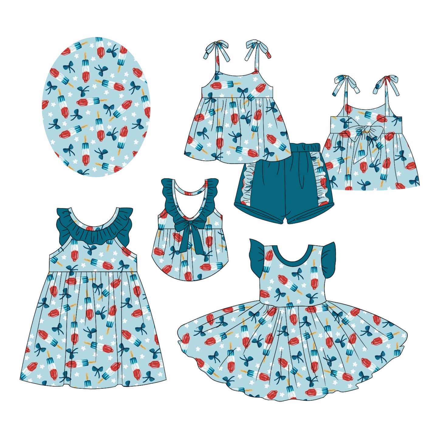 Preorder moq 5 Custom Baby Girls Blue Strap Red Popsicle Bows Tunic Ruffle Short 4th Of July Set Knee Length Dresses