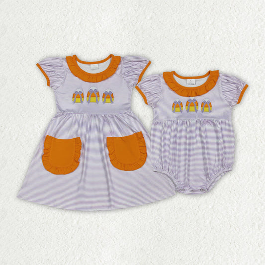 Sibling Baby Girls Embroidery Bows Candy Stripe Pockets Halloween Knee Length Dresses Rompers