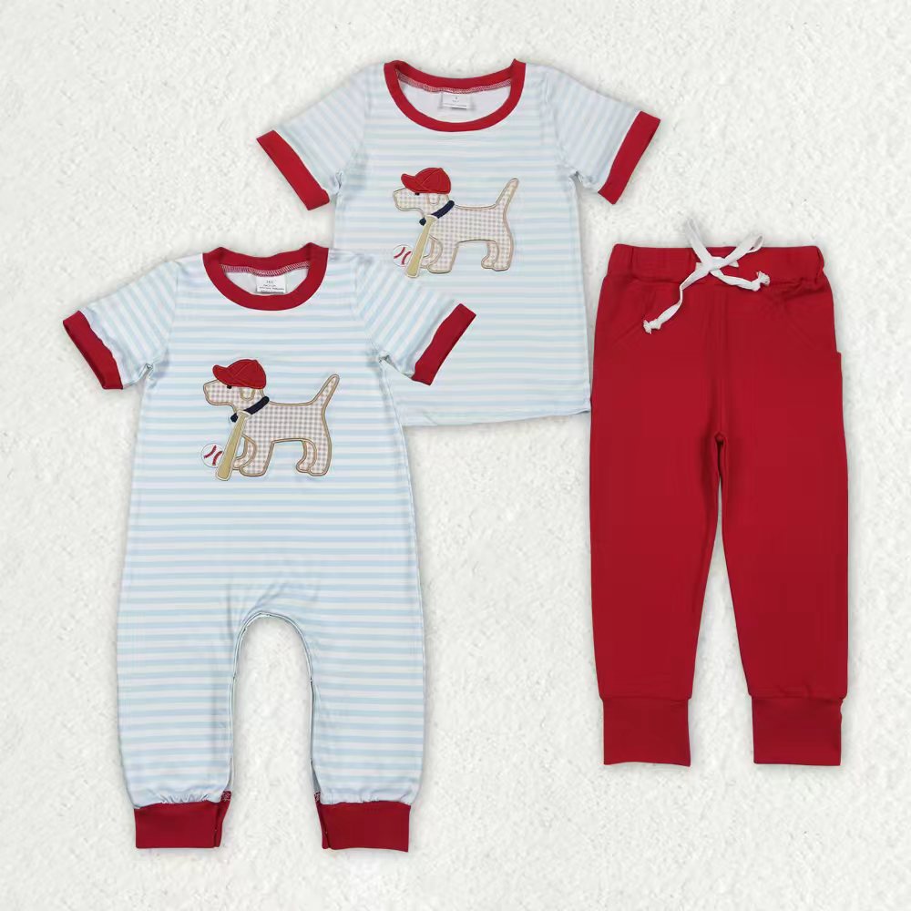Sibling Baby Boys Embroidery Baseball Dogs Stripe Pockets Pants Team Set Footie Rompers