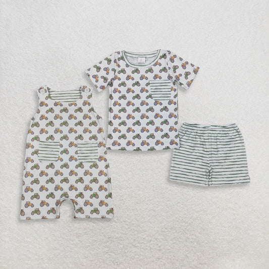 Sibling Baby Boys Trucks Stripe Pocket Top Short Farm Clothes Set Short Rompers