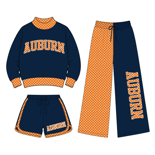 Preorder (moq 5) Baby Girls Auburn Shirt Shorts Flare Pants Team Three Pieces Clothes Sets