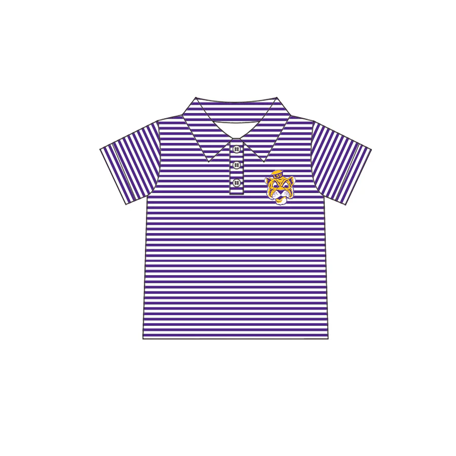 Preorder moq 5 Baby Boys Purple Stripe Short Sleeves Button LSU Tiger Polo Shirts Top