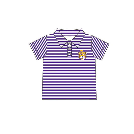 Preorder moq 5 Baby Boys Purple Stripe Short Sleeves Button LSU Tiger Polo Shirts Top