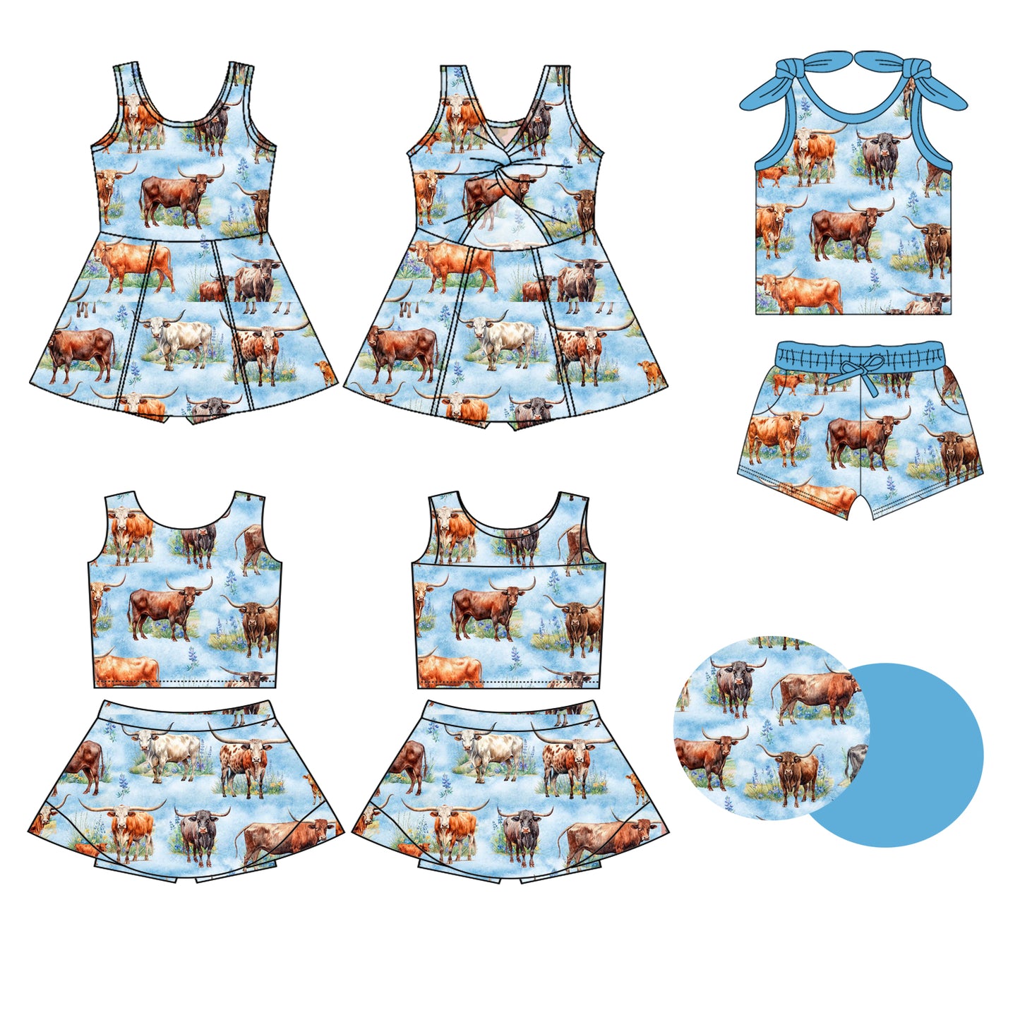 Preorder moq 5 Custom Baby Girls Blue Sleeveless Highland Cows Top Skort Set Knee Length Dress Pockets Short Set