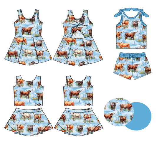 Preorder moq 5 Custom Baby Girls Blue Sleeveless Highland Cows Top Skort Set Knee Length Dress Pockets Short Set