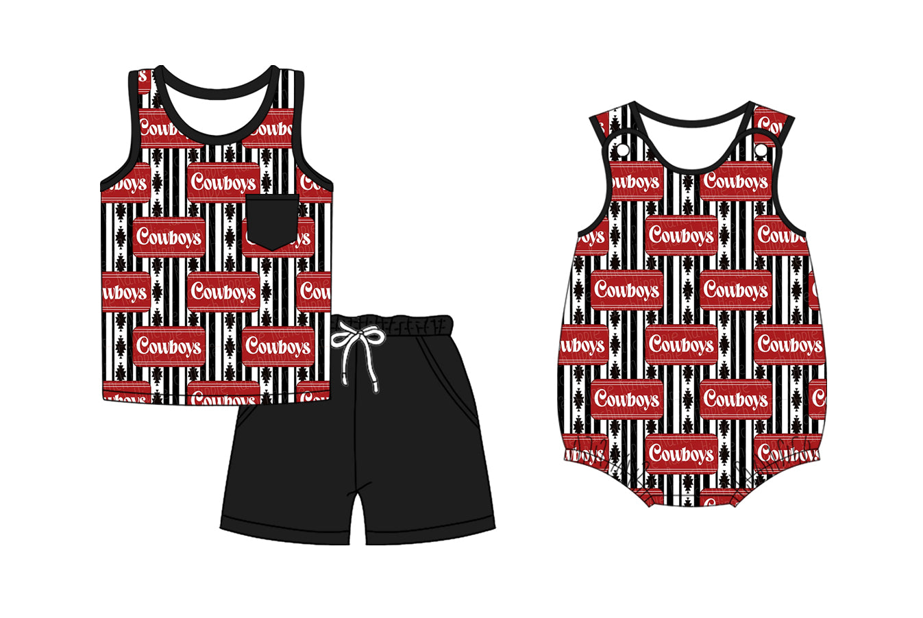 Preorder moq 5 Custom Baby Boys Black Aztec Stripe Cowboys Top Pockets Short Set Rompers