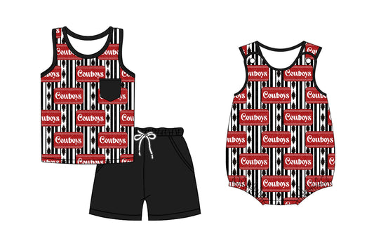 Preorder moq 5 Custom Baby Boys Black Aztec Stripe Cowboys Top Pockets Short Set Rompers