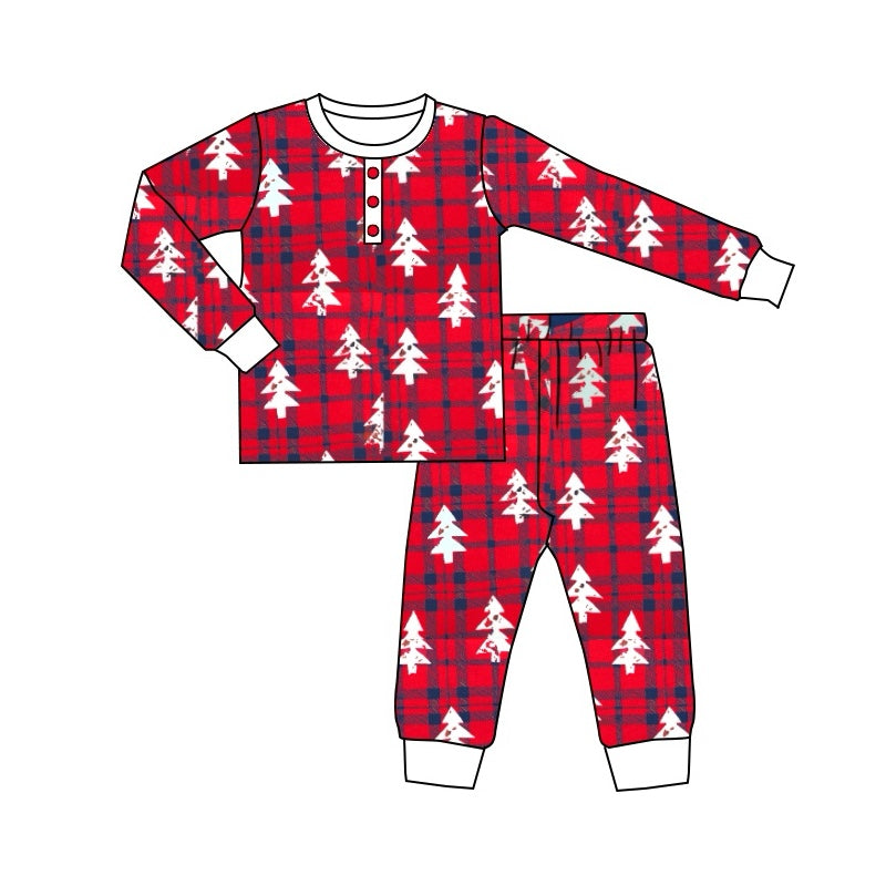 Baby Girls Christmas Checkered Tree Top Pants Pajamas Clothes Sets Preorder(moq 5)