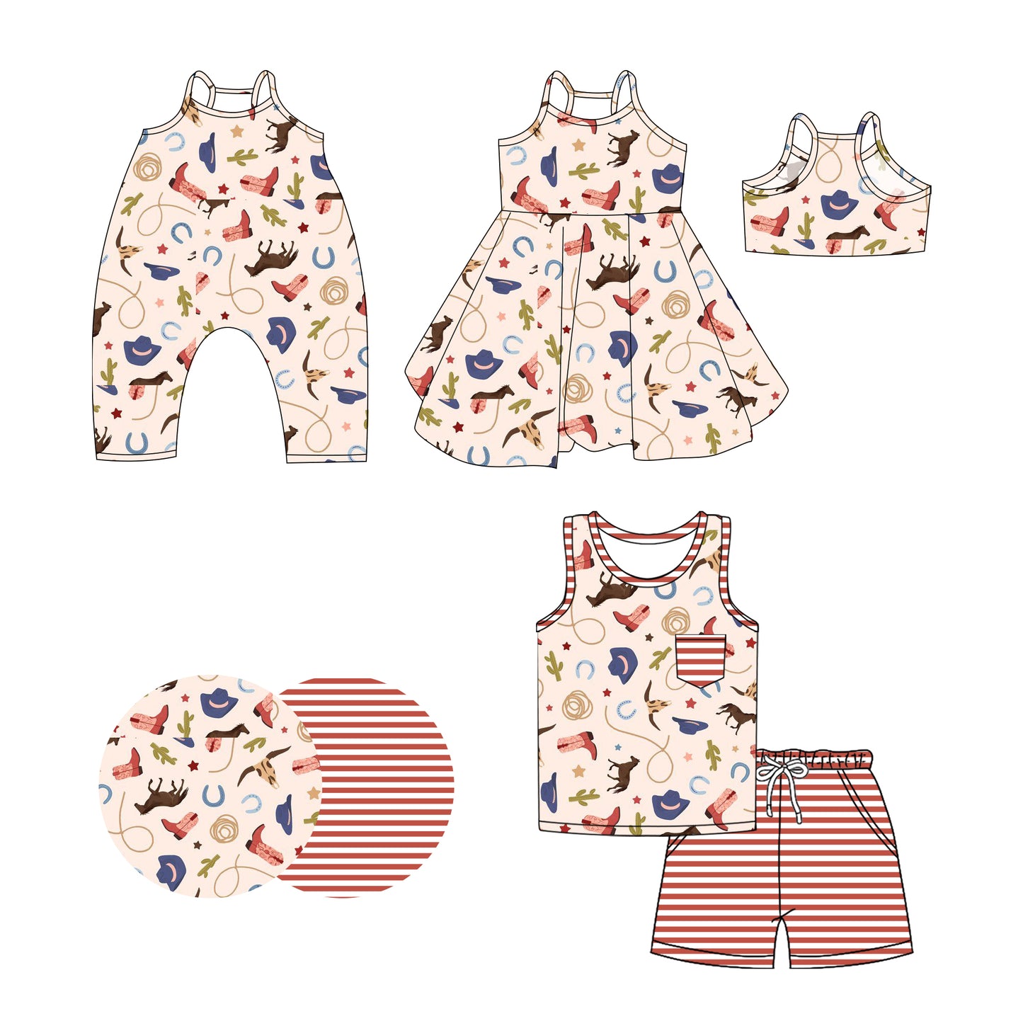 Preorder moq 5 Custom Baby Girls Pink Sleeveless Boots Cactus Top Stripe Pockets Short Set Strap Knee Length Dress Rompers