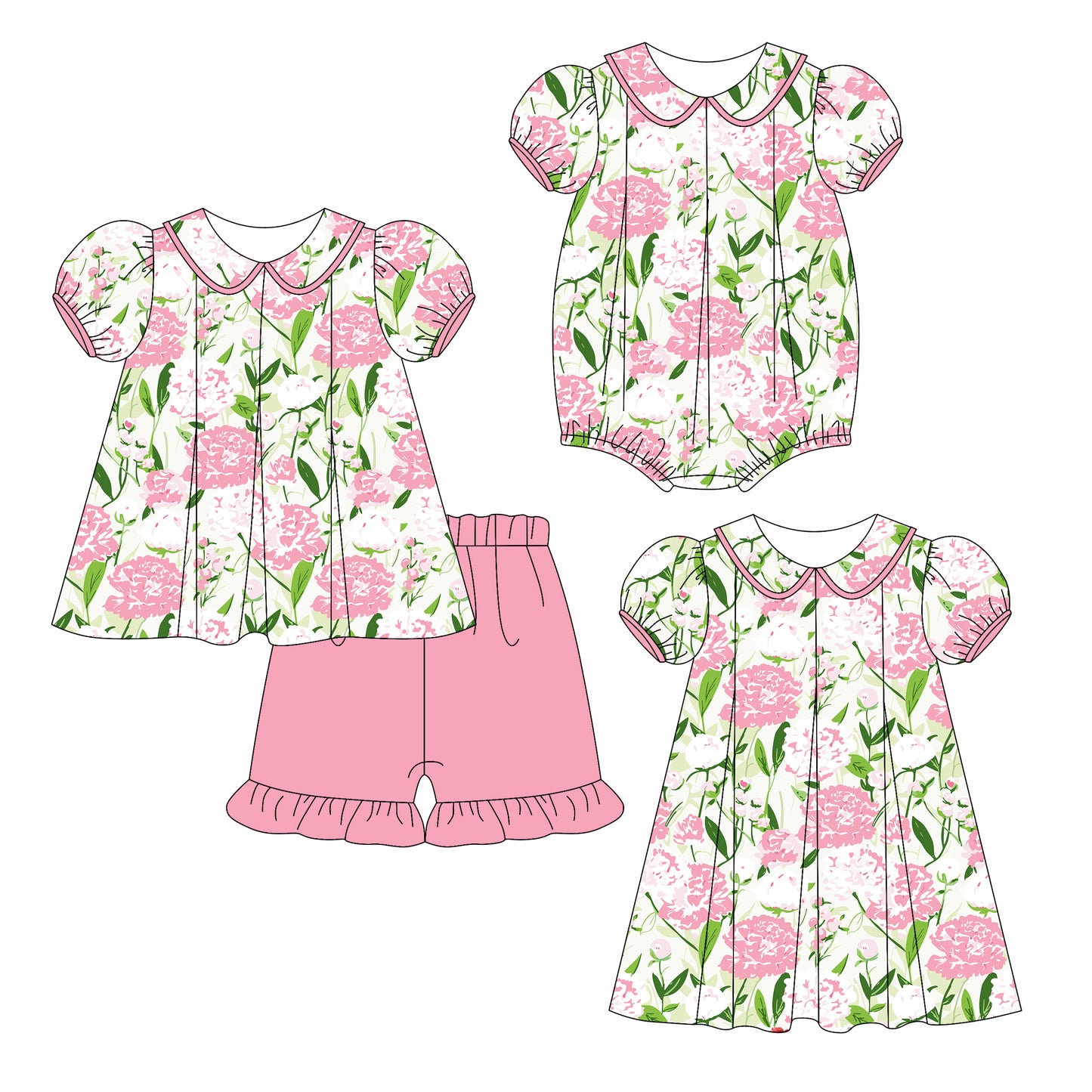 Preorder moq 5 Custom Baby Girls Pink Short Ruffle Sleeves Floral Tunic Ruffle Short Set Knee Length Dress And Rompers