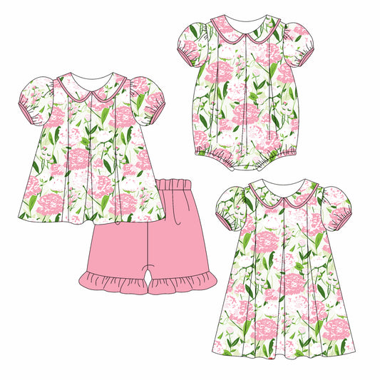 Preorder moq 5 Custom Baby Girls Pink Short Ruffle Sleeves Floral Tunic Ruffle Short Set Knee Length Dress And Rompers