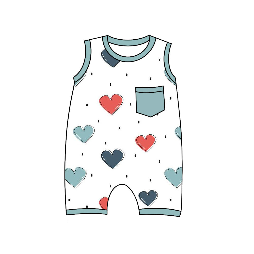 Preorder(moq 5)Baby Infant Boys Aqua Sleeveless Colorful Hearts Pocket Top Summer Romper