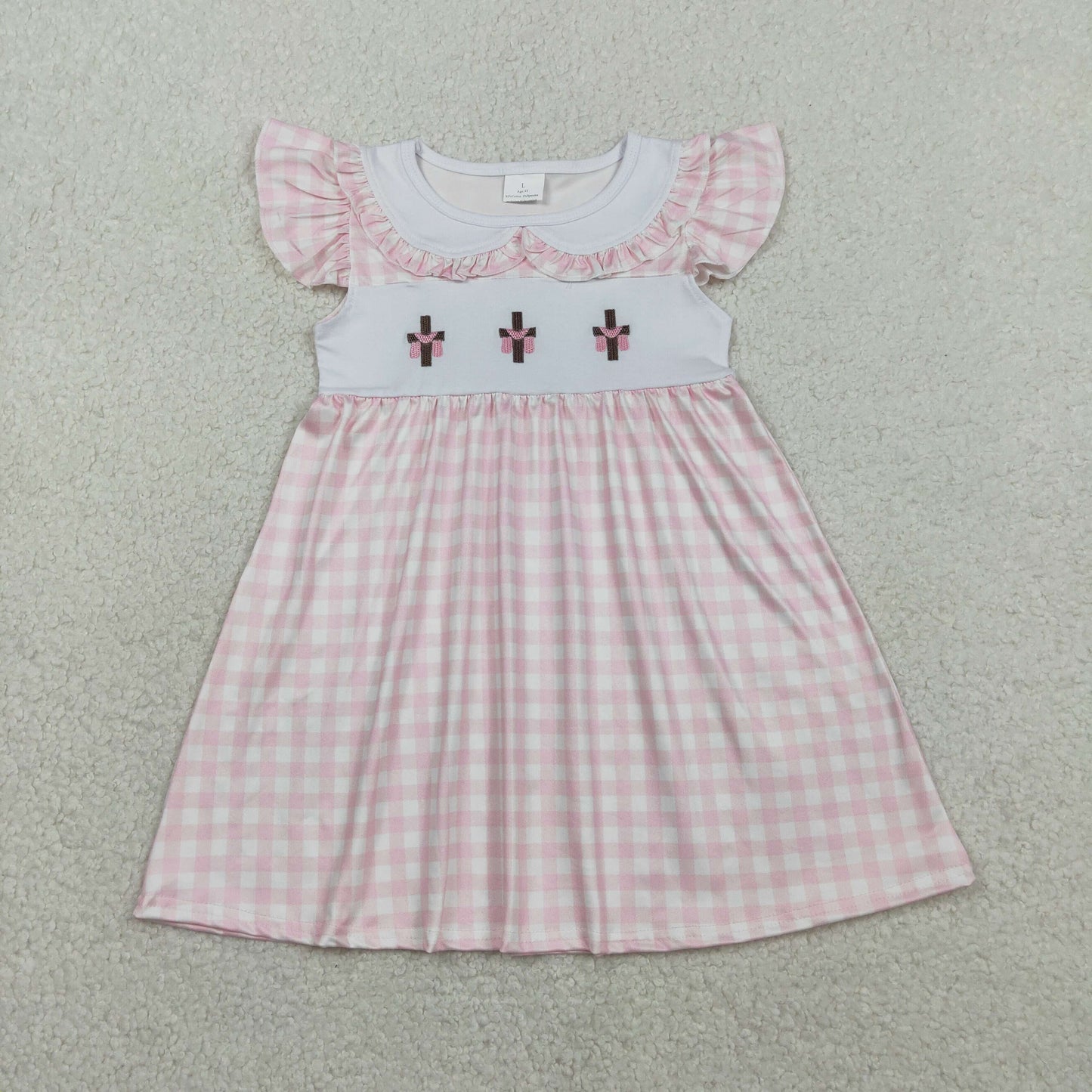 Embroidery Crosses Baby Girls Pink Checked Easter Collar Knee Length Dresses