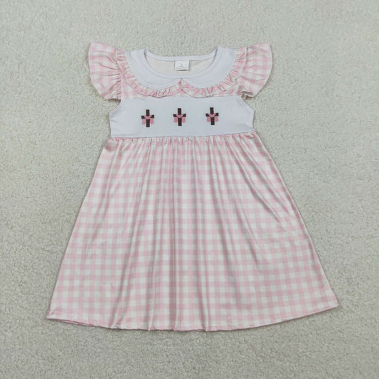 Embroidery Crosses Baby Girls Pink Checked Easter Collar Knee Length Dresses