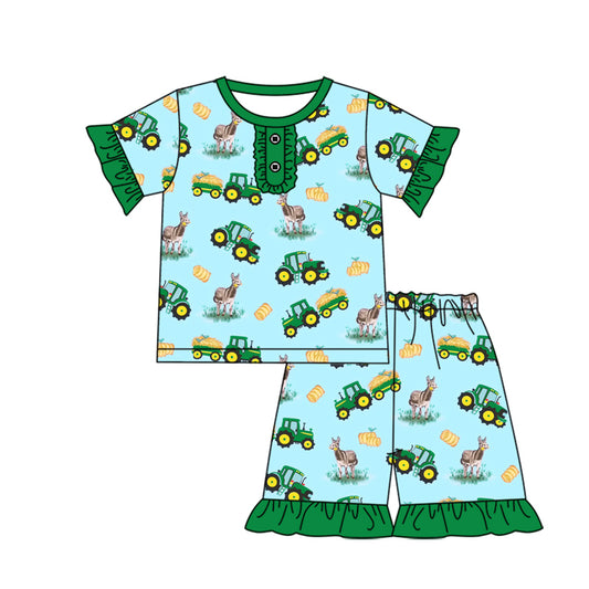 Preorder (moq 5)Baby Girls Farm Trucks Shirt Top Shorts Pajamas Outfits