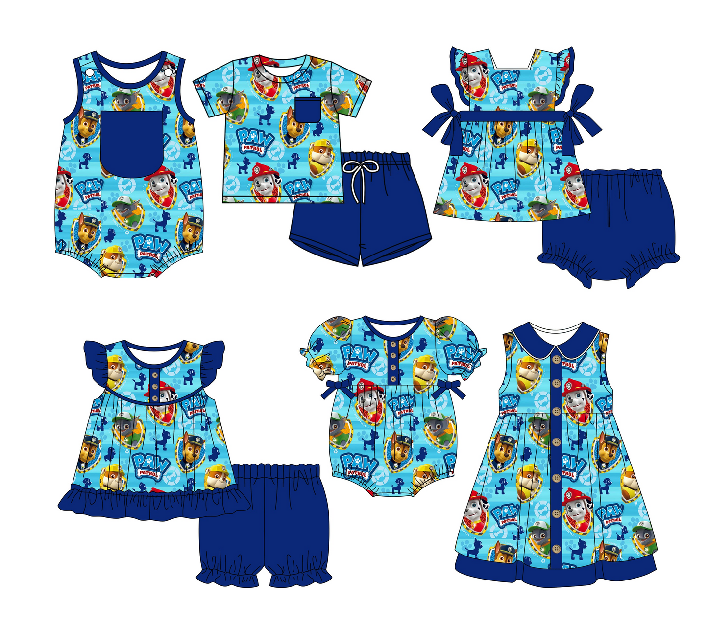 Preorder moq 5 Custom Baby Kids Hot Blue Pocket Button Cartoons Dogs Top Short Bummies Sets Dresses And Rompers