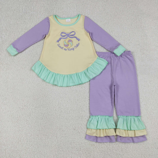 Embroidery Sweet as King Cake Donuts Baby Girls Mardigras Ruffle Pants Clothes Sets