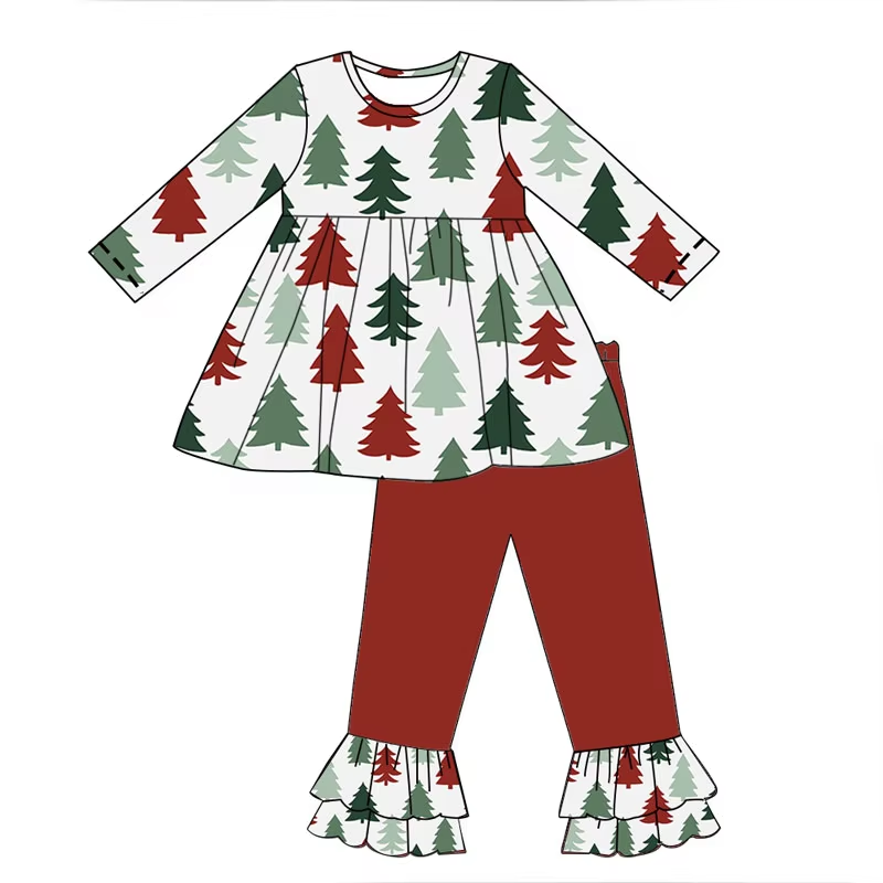 Baby Girls Christmas Trees Tunic Top Ruffle Pants Clothes Sets Preorder(moq 5)